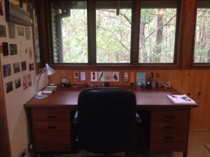 Writer Inga Simpson's desk overlooking woodland