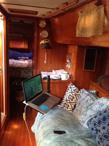 Writing nook inside cabin on Patricia Wood's boat