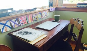 Desk and laptop of writer Julie Trimingham