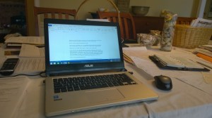 Writer Stasia Ward Kehoe's workspace in the kitchen