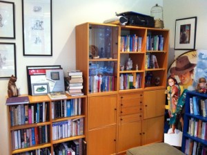Bookshelves showing a row of Wendy Orr's own books