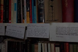 Yvette's bookcase with notes attached