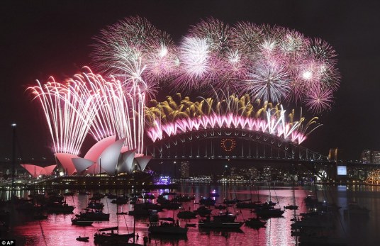 Sydney fireworks with Opera House and Harbour Bridge